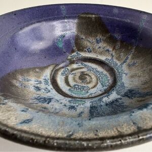 Ceramic Art Pottery Bowl with Stand Purple Blue Gray Swirl Glaze Signed Turner